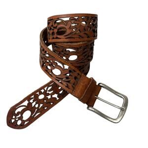 Suzi Roher Leather Belt Womens Medium Plus Silver Buckle Cut Out Boho 1.5in